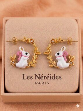 Les Néréides Bunny Rabbit Hoop Earrings Enamel Gold Floral Wreath Cute Paris